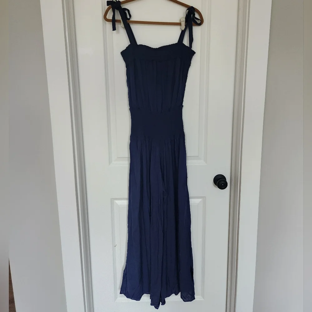 Tory Burch Smocked Tie Shoulder Wide Leg Jumpsuit Resort Flowy Navy Blue XS
